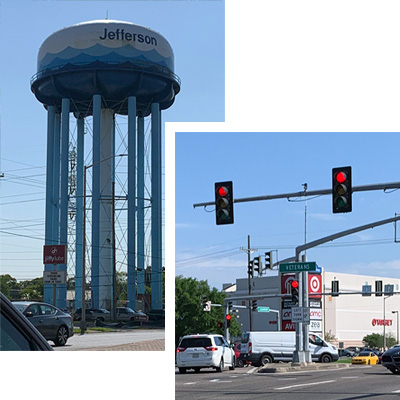 the Jefferson Parish water tower and the corner of Veterans and Clearview in Metairie